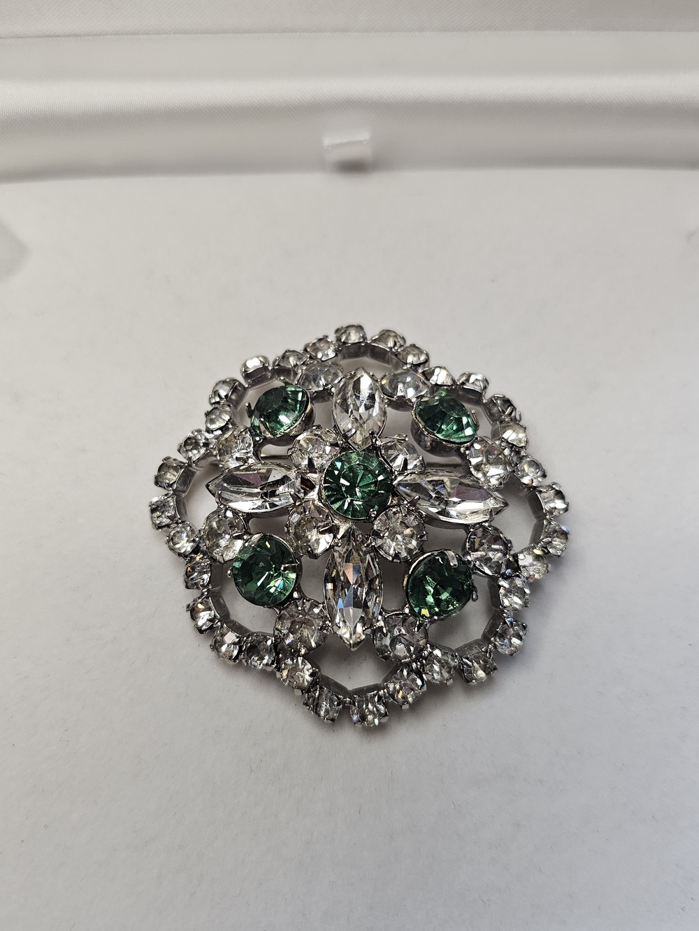 Crystal and Emerald Green Floral Brooch Pin
